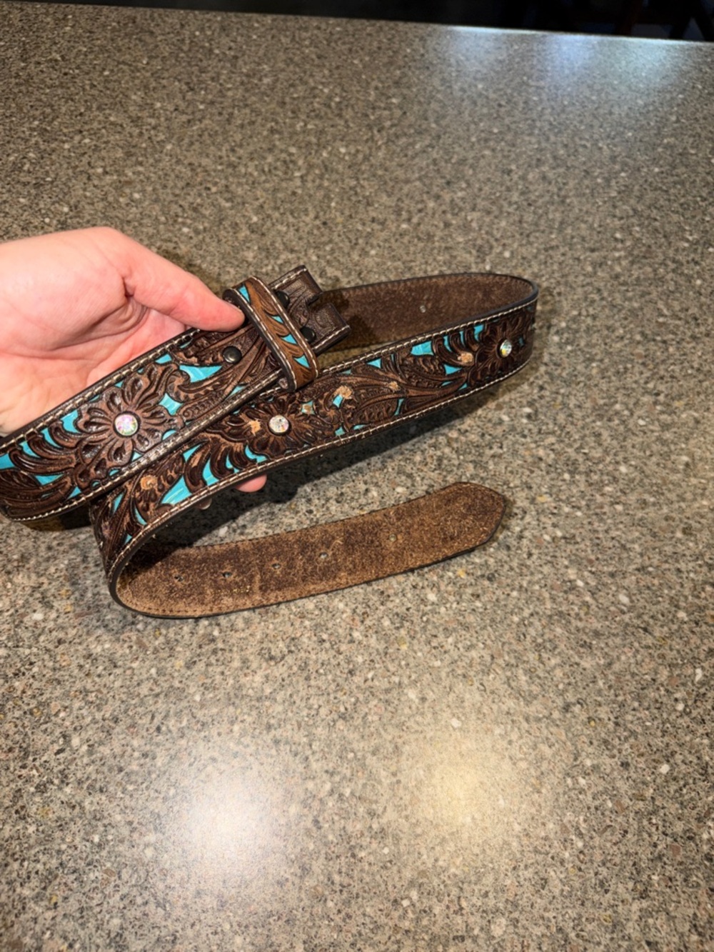 Ariat Tooled Brown Leather Belt with Turquoise Inlay